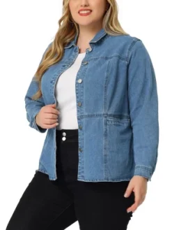 Agnes Orinda Plus Size Denim Jackets For Women Classic Button Up Solid Color Jean Jacket