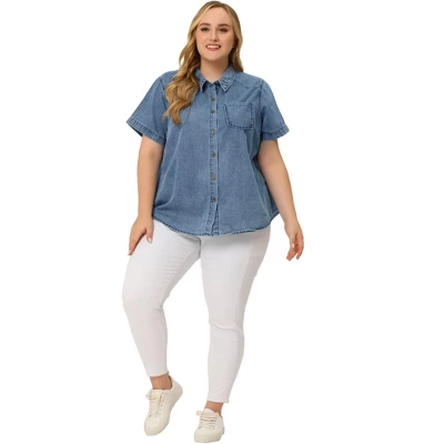 Agnes Orinda Women's Plus Size Jean Denim Short Sleeve Chest Pocket Button Down Shirt 4 Agnes Orinda Women's Plus Size Jean Denim Short Sleeve Chest Pocket Button Down Shirt - Image 2