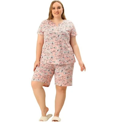 Agnes Orinda Womens Plus Size Loungewear Floral Elastic Waist Short Sleeve Pajamas Set 4 Agnes Orinda Womens Plus Size Loungewear Floral Elastic Waist Short Sleeve Pajamas Set - Image 2