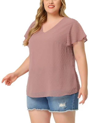 Agnes Orinda Plus Size Blouses For Women Tired Flare Sleeve V Neck Swiss Dots Tops 3 Agnes Orinda Plus Size Blouses For Women Tired Flare Sleeve V Neck Swiss Dots Tops