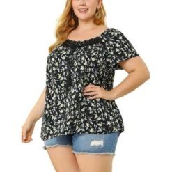 Agnes Orinda Women's Plus Size Floral Short Sleeve Square Tassel Tie Neck Peasant Tops -Agnes Orinda GUEST bde395c0 9ada 4a19 a7e7 bd876477aa34