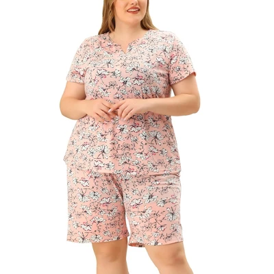 Agnes Orinda Womens Plus Size Loungewear Floral Elastic Waist Short Sleeve Pajamas Set 3 Agnes Orinda Womens Plus Size Loungewear Floral Elastic Waist Short Sleeve Pajamas Set