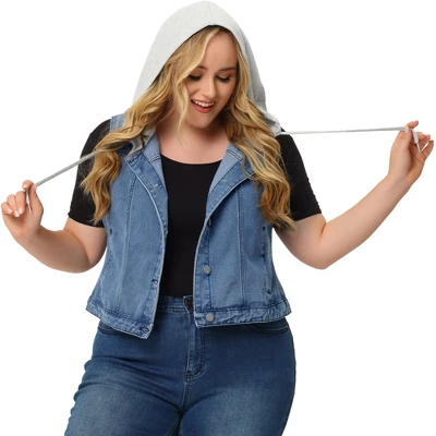 Agnes Orinda Women's Plus Size Button Down Drawstring Hood Denim Utility Jacket With Pocket 3 Agnes Orinda Women's Plus Size Button Down Drawstring Hood Denim Utility Jacket With Pocket