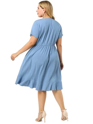 Agnes Orinda Women's Plus Size Faux Wrap Elastic Waist V Neck Chambray Ruffle Dress 6 Agnes Orinda Women's Plus Size Faux Wrap Elastic Waist V Neck Chambray Ruffle Dress - Image 4