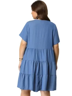 Agnes Orinda Women's Plus Size Babydoll Tiered V Neck Short Sleeve Chambray Dresses -Agnes Orinda GUEST bedc773f 97d9 4ec5 931b 94cd30572a72
