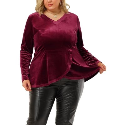 Agnes Orinda Women's Plus Size V Neck Tulip Hem Long Sleeve Peplum Velvet Tops 8 Agnes Orinda Women's Plus Size V Neck Tulip Hem Long Sleeve Peplum Velvet Tops - Image 6