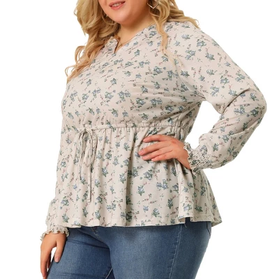 Agnes Orinda Women's Plus Size Floral Ruffle Neck Drawstring Waist Long Sleeve Peplum Tops 8 Agnes Orinda Women's Plus Size Floral Ruffle Neck Drawstring Waist Long Sleeve Peplum Tops - Image 6