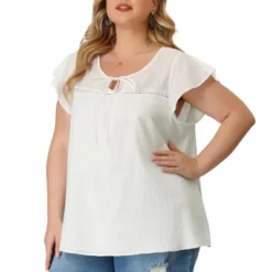 Agnes Orinda Women's Plus Size Blouses Casual Tie Neck Lace Insert Summer Ruffle Sleeve Tops -Agnes Orinda GUEST c0abb3d5 de56 46b0 a37d a05e51e9a107