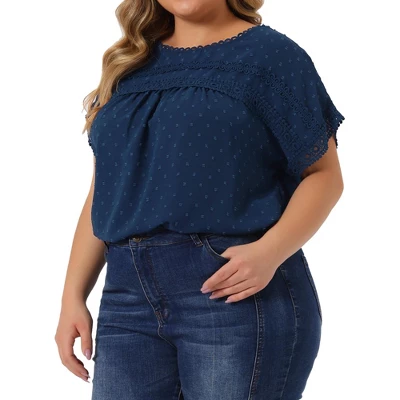 Agnes Orinda Women's Plus Size Chiffon Swiss Dots Short Sleeve Lace Crochet Pleated Casual Blouse 3 Agnes Orinda Women's Plus Size Chiffon Swiss Dots Short Sleeve Lace Crochet Pleated Casual Blouse