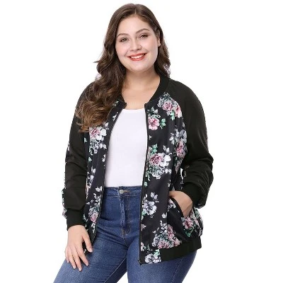 Agnes Orinda Women's Plus Size Zipper Raglan Sleeves Floral Bomber Jacket 4 Agnes Orinda Women's Plus Size Zipper Raglan Sleeves Floral Bomber Jacket - Image 2