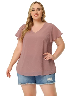 Agnes Orinda Plus Size Blouses For Women Tired Flare Sleeve V Neck Swiss Dots Tops 4 Agnes Orinda Plus Size Blouses For Women Tired Flare Sleeve V Neck Swiss Dots Tops - Image 2