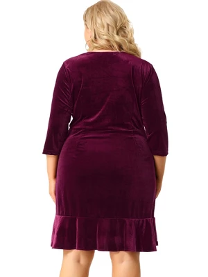 Agnes Orinda Women's Plus Size Stretch Velvet Ruffle 3/4 Sleeve Party Bodycon Dress 6 Agnes Orinda Women's Plus Size Stretch Velvet Ruffle 3/4 Sleeve Party Bodycon Dress - Image 4