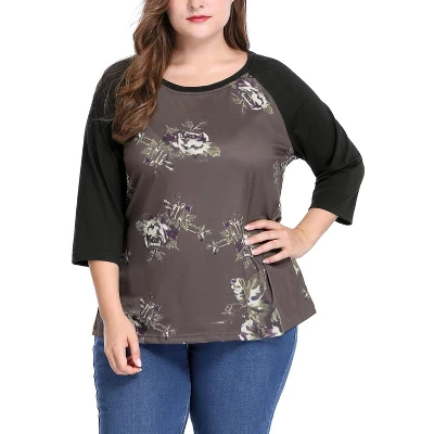 Agnes Orinda Women's Plus Size 3/4 Raglan Sleeves Floral Dressy Casual Peasant Tops 4 Agnes Orinda Women's Plus Size 3/4 Raglan Sleeves Floral Dressy Casual Peasant Tops - Image 2
