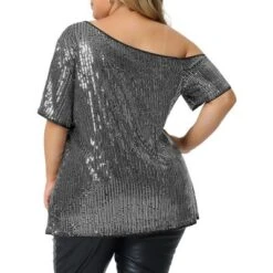 Agnes Orinda Women's Plus Size Sequin Sparkly One Shoulder Short Sleeve Party Blouses -Agnes Orinda GUEST c4370e03 5ddc 4fc0 9893 9edf3f7993d3