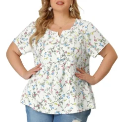 Agnes Orinda Women's Plus Size Floral Half Placket Short Sleeve Casual Pepium Blouse