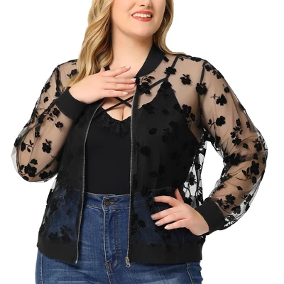 Agnes Orinda Women's Plus Size Bomber Mesh Sheer Floral Lace Long Sleeve Jackets 8 Agnes Orinda Women's Plus Size Bomber Mesh Sheer Floral Lace Long Sleeve Jackets - Image 6