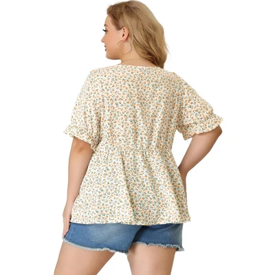 Agnes Orinda Women's Plus Size Floral Babydoll Peplum Waist Short Sleeve Blouses 6 Agnes Orinda Women's Plus Size Floral Babydoll Peplum Waist Short Sleeve Blouses - Image 4