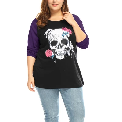 Agnes Orinda Women's Plus Size Floral Skull Contrast Color Raglan T-shirt 10 Agnes Orinda Women's Plus Size Floral Skull Contrast Color Raglan T-shirt - Image 8