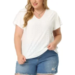 Agnes Orinda Women's Plus Size V Neck Eyelet Short Sleeve Casual Trendy Blouse -Agnes Orinda GUEST c6fe6d2a 5a49 444b 868b 376d1b5f1a01