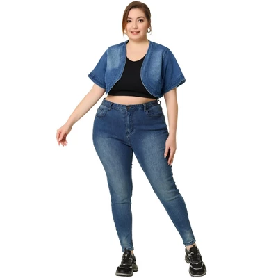 Agnes Orinda Women's Plus Size Denim Casual Crop Short Jean Cardigans 4 Agnes Orinda Women's Plus Size Denim Casual Crop Short Jean Cardigans - Image 2