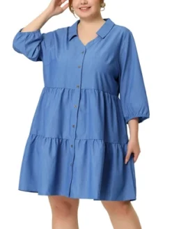 Agnes Orinda Women's Plus Size Babydoll Outfits Turndown Collar 3/4 Sleeve Chambray Dresses