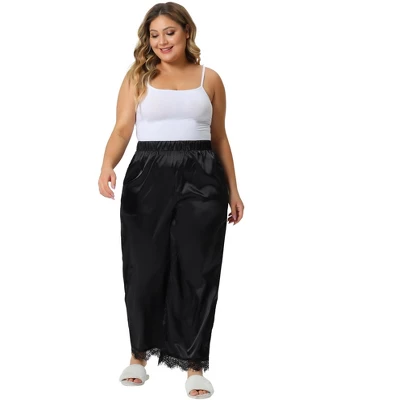 Agnes Orinda Women's Plus Size Satin Lace Trim Elastic Soft Wide Leg Pockets Pajama Pants 4 Agnes Orinda Women's Plus Size Satin Lace Trim Elastic Soft Wide Leg Pockets Pajama Pants - Image 2