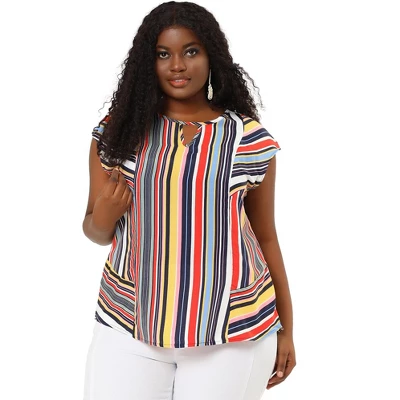 Agnes Orinda Women's Plus Size Blouse Keyhole Neck Cap Sleeve Stripe Top 4 Agnes Orinda Women's Plus Size Blouse Keyhole Neck Cap Sleeve Stripe Top - Image 2