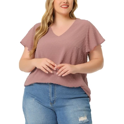 Agnes Orinda Plus Size Blouses For Women Tired Flare Sleeve V Neck Swiss Dots Tops 8 Agnes Orinda Plus Size Blouses For Women Tired Flare Sleeve V Neck Swiss Dots Tops - Image 6