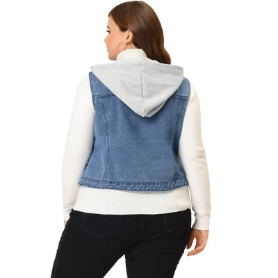 Agnes Orinda Women's Plus Size Button Down Drawstring Hood Denim Utility Jacket With Pocket 5 Agnes Orinda Women's Plus Size Button Down Drawstring Hood Denim Utility Jacket With Pocket - Image 3