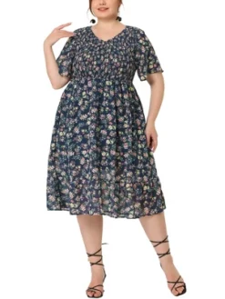 Agnes Orinda Women's Plus Size Outfits Smocked Elegant Floral Flare Midi Shirtdress -Agnes Orinda GUEST d03e16ae fcac 42c7 b2fb fc5d85f08ea1