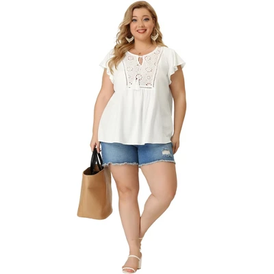 Agnes Orinda Women's Plus Size Blouse Ruffle Sleeve Lace Trim Tie Neck Peasant Top 4 Agnes Orinda Women's Plus Size Blouse Ruffle Sleeve Lace Trim Tie Neck Peasant Top - Image 2