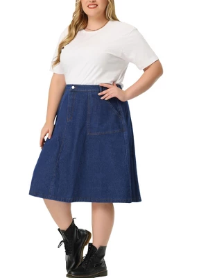 Agnes Orinda Women's Plus Size Button Down Casual A-Line Pockets Midi Jean Skirts 7 Agnes Orinda Women's Plus Size Button Down Casual A-Line Pockets Midi Jean Skirts - Image 5