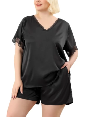 Agnes Orinda Plus Size Satin Pajamas Women's 2023 Summer Lace V Neck Short Sleeve With Shorts Silk Set Sleepwear 3 Agnes Orinda Plus Size Satin Pajamas Women's 2023 Summer Lace V Neck Short Sleeve With Shorts Silk Set Sleepwear
