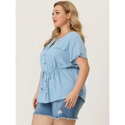 Agnes Orinda Women's Plus Size Drawstring Waist Button Down Chambray Blouse 5 Agnes Orinda Women's Plus Size Drawstring Waist Button Down Chambray Blouse - Image 3