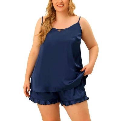 Agnes Orinda Women's Plus Size Satin Cross Camisole Ruffle Trim Elastic Waist Shorts Sleepwear Pajamas Set 8 Agnes Orinda Women's Plus Size Satin Cross Camisole Ruffle Trim Elastic Waist Shorts Sleepwear Pajamas Set - Image 6