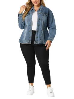 Agnes Orinda Women's Plus Size Classic Denim Washed Front Long Sleeve Jean Jackets
