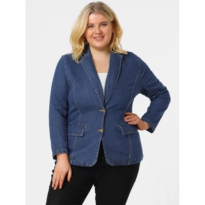 Agnes Orinda Women's Plus Size Denim Notched Lapel Color Block Stretch Blazer 4 Agnes Orinda Women's Plus Size Denim Notched Lapel Color Block Stretch Blazer - Image 2