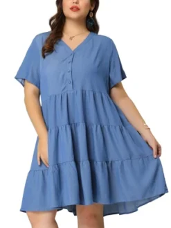 Agnes Orinda Women's Plus Size Babydoll Tiered V Neck Short Sleeve Chambray Dresses
