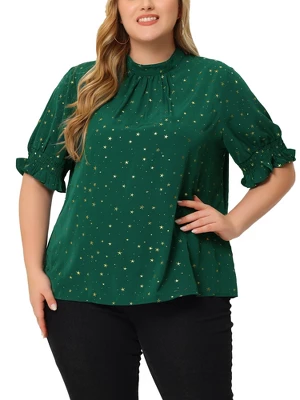 Agnes Orinda Women's Plus Size Work Pleated Keyhole Back Star Print Puff Sleeve Blouses 8 Agnes Orinda Women's Plus Size Work Pleated Keyhole Back Star Print Puff Sleeve Blouses - Image 6