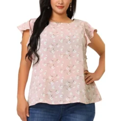 Agnes Orinda Women's Plus Size Blouse Floral Tie Waist Flare Sleeve Top