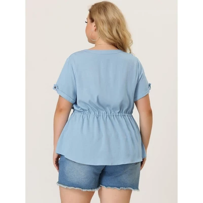 Agnes Orinda Women's Plus Size Drawstring Waist Button Down Chambray Blouse 6 Agnes Orinda Women's Plus Size Drawstring Waist Button Down Chambray Blouse - Image 4