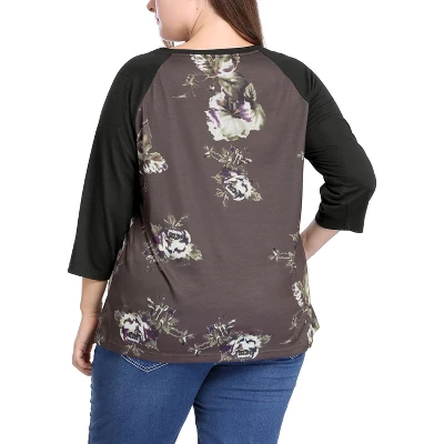 Agnes Orinda Women's Plus Size 3/4 Raglan Sleeves Floral Dressy Casual Peasant Tops 6 Agnes Orinda Women's Plus Size 3/4 Raglan Sleeves Floral Dressy Casual Peasant Tops - Image 4