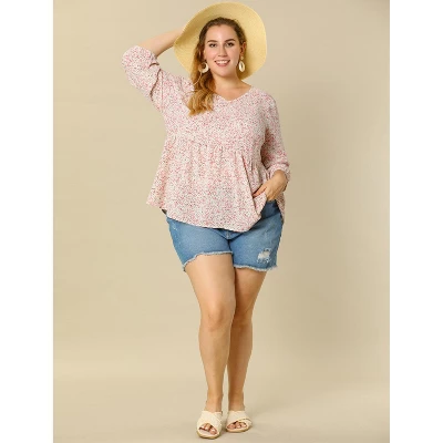 Agnes Orinda Women's Plus Size Babydoll 3/4 Sleeve Floral Flowy Blouse 4 Agnes Orinda Women's Plus Size Babydoll 3/4 Sleeve Floral Flowy Blouse - Image 2