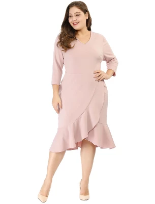Agnes Orinda Women's Plus Size Cocktail V-neck Wrap Ruffled Midi Bodycon Dresses 3 Agnes Orinda Women's Plus Size Cocktail V-neck Wrap Ruffled Midi Bodycon Dresses