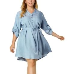 Agnes Orinda Women's Plus Size 3/4 Sleeve Belted High Low Hem Chambray T-Shirt Dress -Agnes Orinda GUEST deed16a6 3371 4068 9903 eef88d3407b8