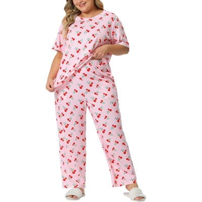 Agnes Orinda Women's Plus Size Short Sleeve Cherry Print Elastic Soft Pockets Pajama Set 2 Pcs 3 Agnes Orinda Women's Plus Size Short Sleeve Cherry Print Elastic Soft Pockets Pajama Set 2 Pcs