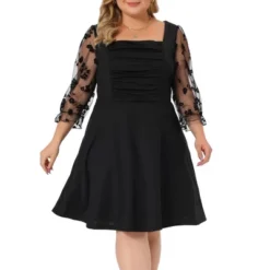 Agnes Orinda Women's Plus Size Square Neck Sheer Long Sleeve Ruffle Flowy A-Line Dresses