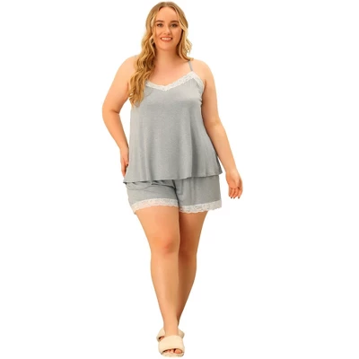 Agnes Orinda Pajamas Set For Women Plus Size Lace Panel Elastic Waist Shorts Sleepwear Loungewear 4 Agnes Orinda Pajamas Set For Women Plus Size Lace Panel Elastic Waist Shorts Sleepwear Loungewear - Image 2