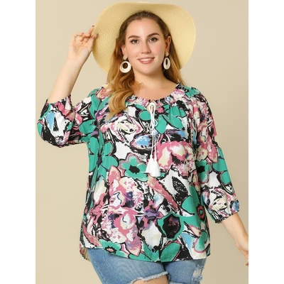 Agnes Orinda Women's Plus Size 3/4 Sleeves Self Tie Neck Floral Blouse 3 Agnes Orinda Women's Plus Size 3/4 Sleeves Self Tie Neck Floral Blouse