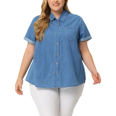 Agnes Orinda Plus Size Button Down Shirt For Women Denim Roll Sleeve Stand Collar Chambray Shirts Top 8 Agnes Orinda Plus Size Button Down Shirt For Women Denim Roll Sleeve Stand Collar Chambray Shirts Top - Image 6